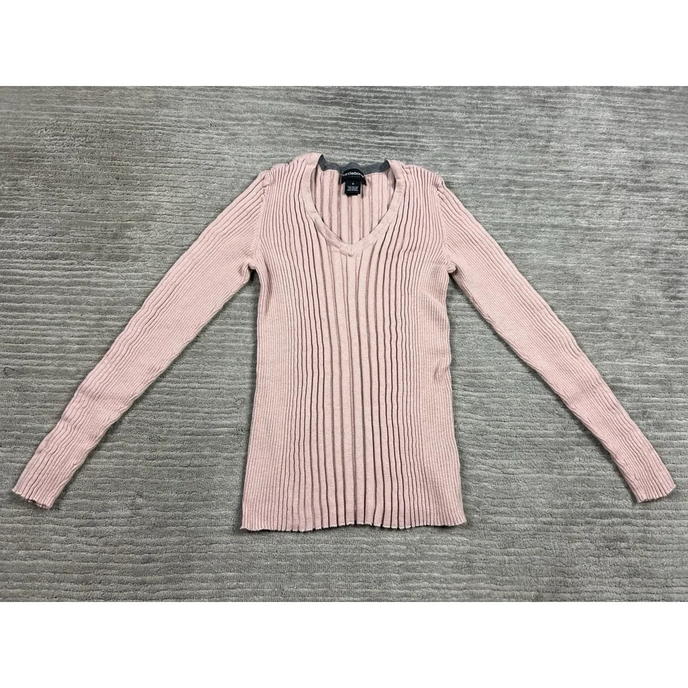 Liz Claiborne Sweater Womens Medium‎ Pink Stretch Longsleeve VNeck Ribbed Career
